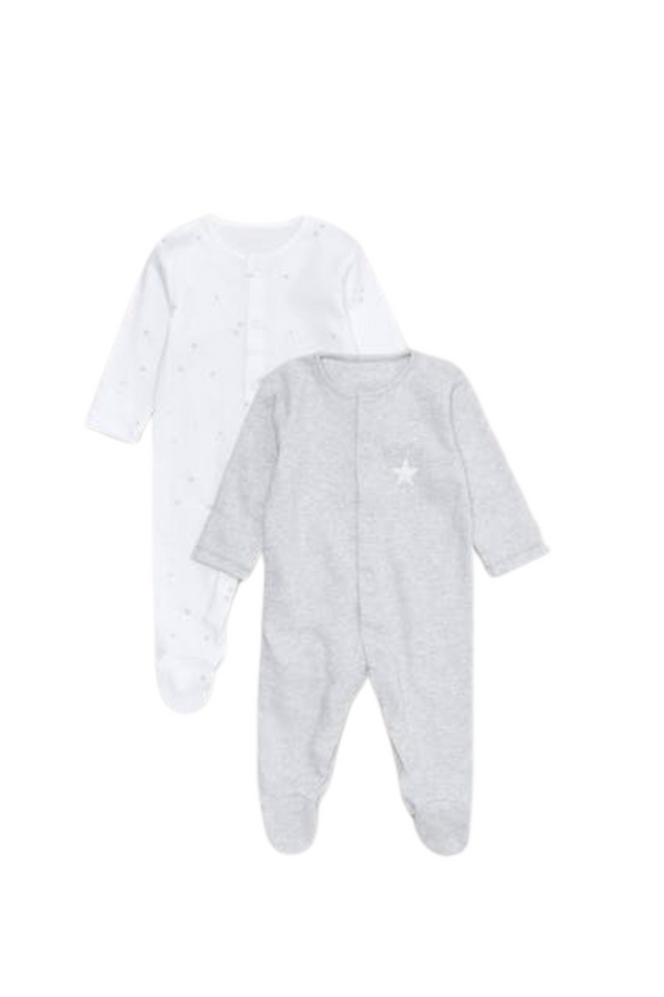 Matalan Uk Baby 2 Pack Grey Star Sleepsuit