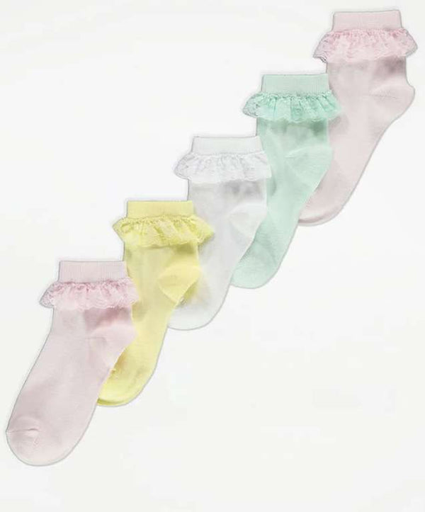 George With Lace Top 5 Pack Trainer Liner Girls Socks 