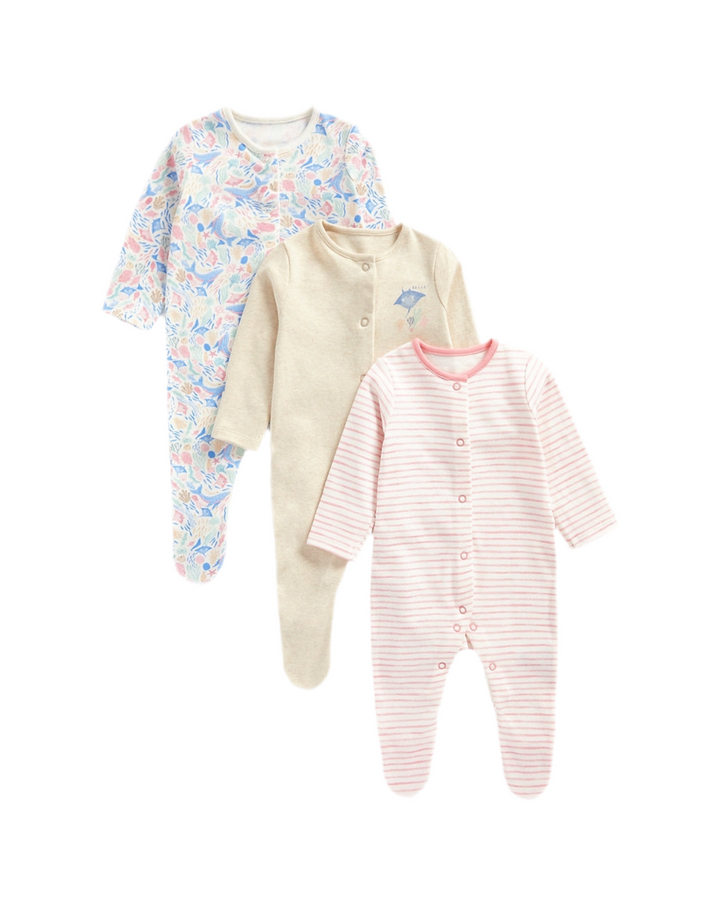 Mothercare Girls Under the Sea Full Sleeves Sleepsuits - Pack of 3