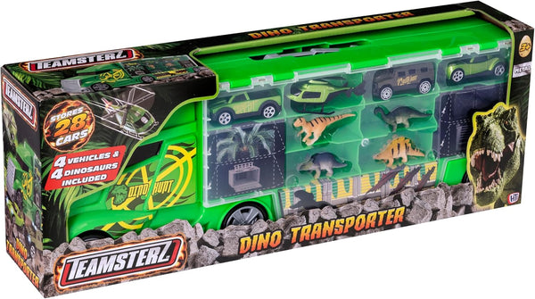 Teamsterz Dinosaur Truck Toy Transporter with Dinosaurs and Die Cast Cars | Double Sided Storage for 28 Cars Play Vehicles Set