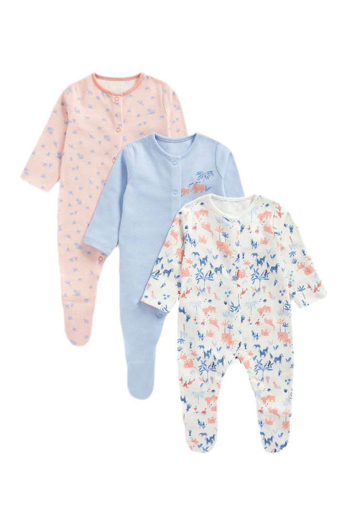 Mothercare Girls Elephant Long Sleeve Sleepsuits - 3 Pack