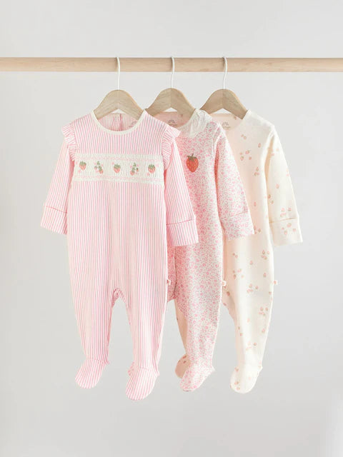 PreOrder Next Pink Strawberry Baby Collar 100% Cotton Sleepsuits 3 Pack (0-2yrs)