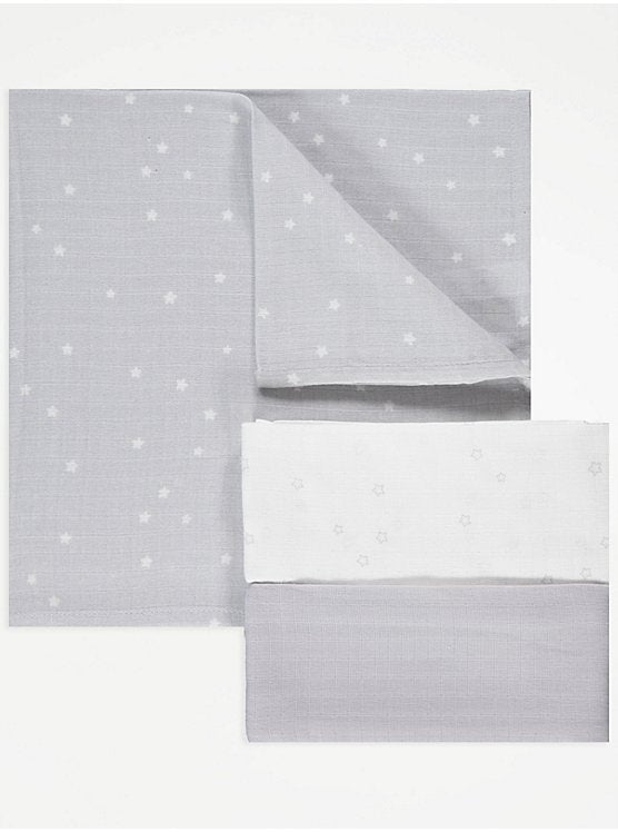 George uk Grey Star Muslin Cloths 3 Pack 100% cotton