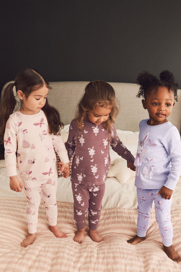 White Purple Long Sleeve Printed Pyjamas 3 Pack