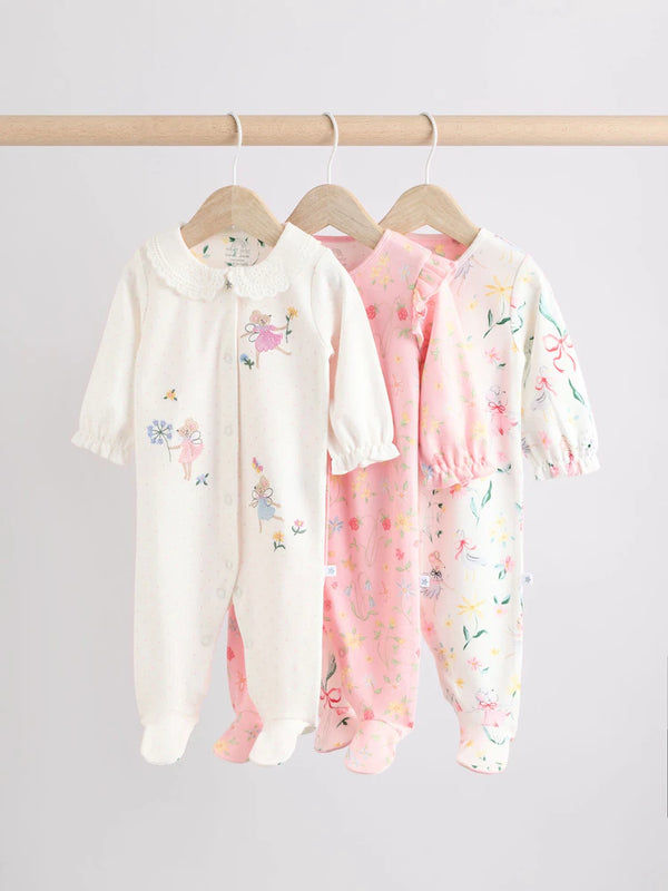 PreOrder Next Pink Baby Frill Printed 100% Cotton Sleepsuits 3 Pack (0-2yrs)