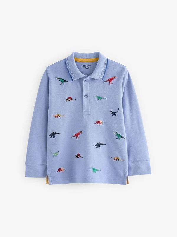 Next Uk Blue Dinosaurs Long Sleeve Quarter Zip 100% Cotton All-Over Embroidered Polo(1.5-2years)