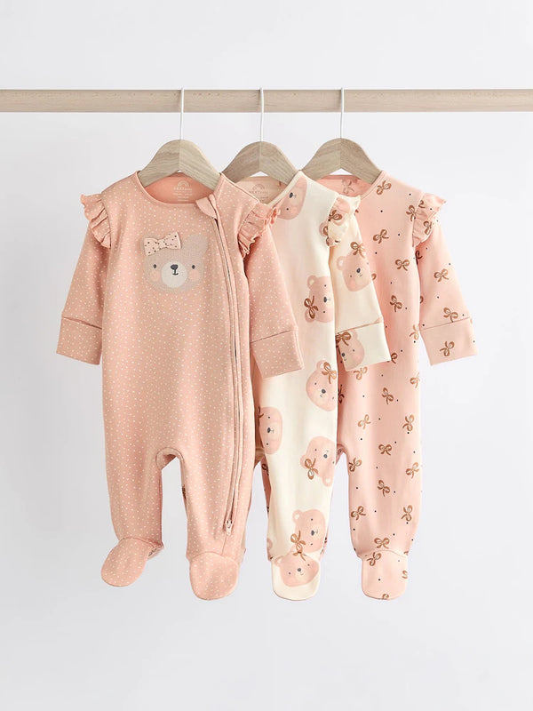 PreOrder Next Pink Bear Two Way 100% Cotton Zip Baby Sleepsuits 3 Pack (0mths-2yrs)