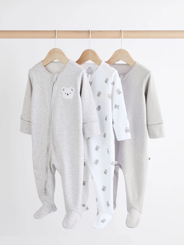 PreOrder Next Grey Baby Two Way Zip 100% Cotton Sleepsuits 3 Pack (0mths-2yrs)