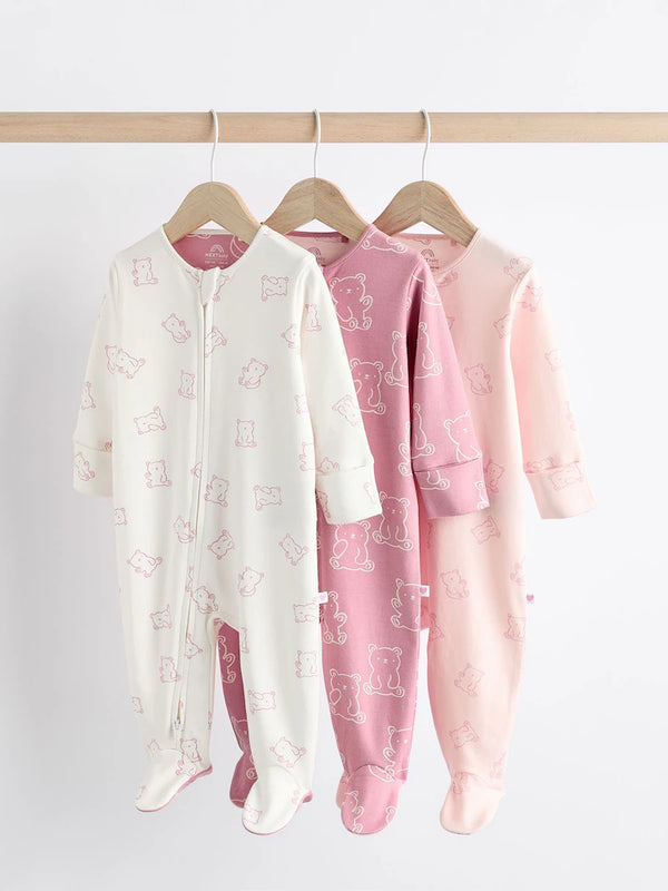 PreOrder Next Pink Baby 100% Cotton Printed 3 Pack Sleepsuits (0-2yrs)