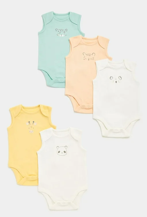 Mothercare Fun Faces Sleeveless Baby Bodysuits - 5 Pack