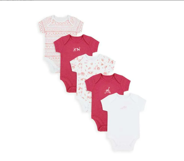 Mothercare Girls Safari Short Sleeve Baby Bodysuits - 5 Pack