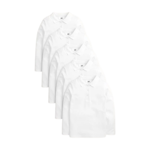 Next uk White 5 Pack 100% Cotton Long Sleeve School Polo Shirts (6 years)