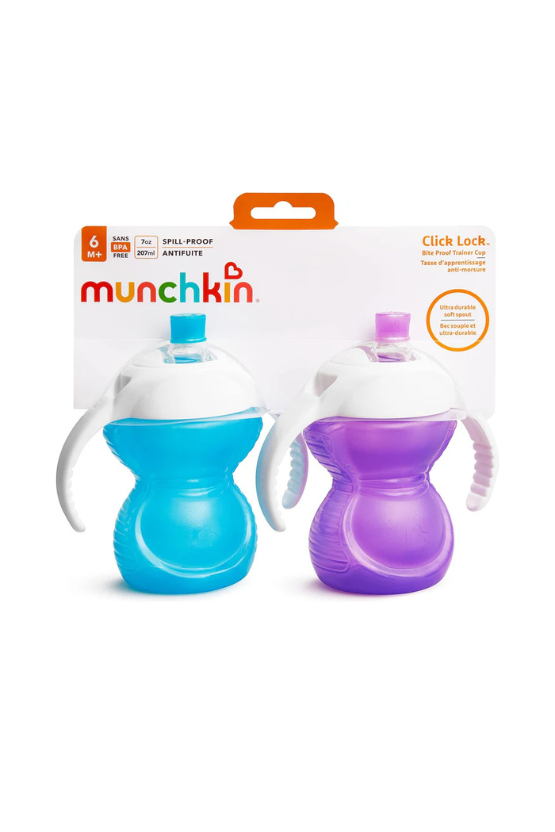  Munchkin Click Lock Bite Proof Trainer Cup, Blue/Purple, 7 Ounce, 2 Pack (6months+)