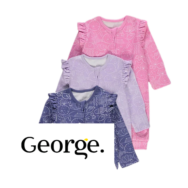 George uk Under The Sea Frill Shoulder Footless 2 Way Zip Sleepsuits 3 Pack (0-3 months)