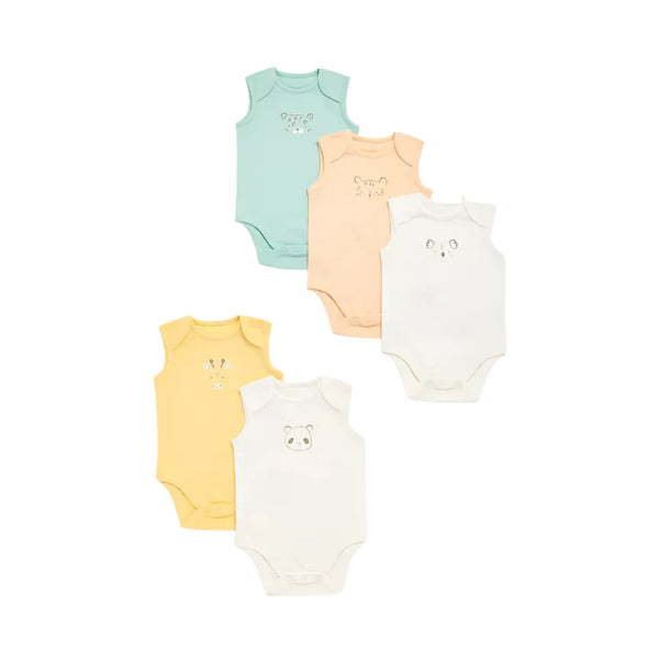 Mothercare Fun Faces Sleeveless Baby Bodysuits - 5 Pack