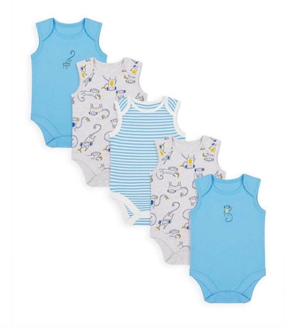 Mothercare Boys Monkey Sleeveless Bodysuits – 5 pack