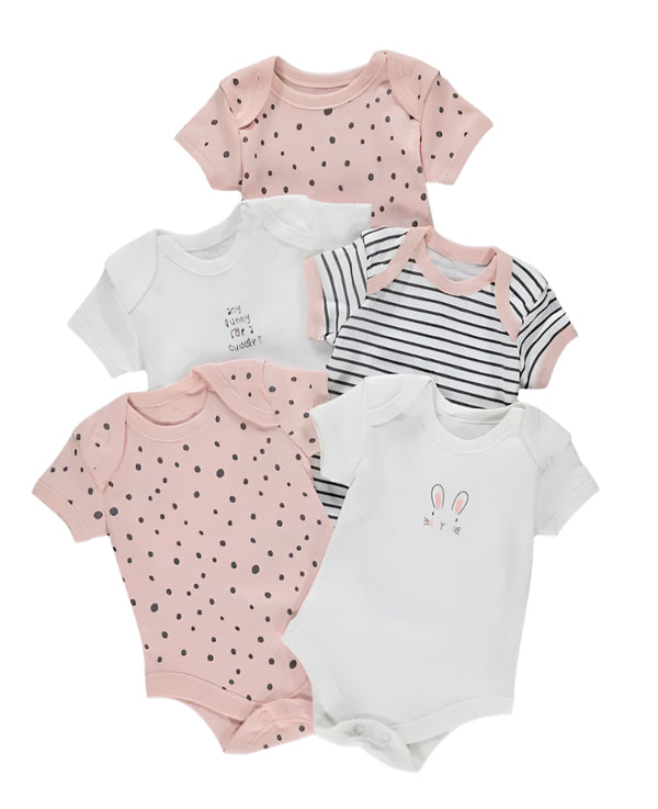 Matalan Uk Short Sleeve Rabbit Bodysuit 100% Cotton 5 Pack (12-18 months)