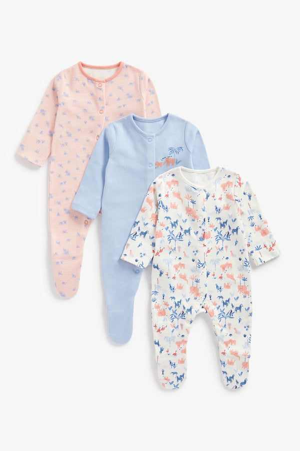 Mothercare Girls Elephant Long Sleeve Sleepsuits - 3 Pack