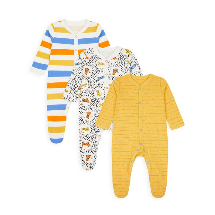 Mothercare Leopard, Stripe and Mustard Sleepsuits - 3 pack