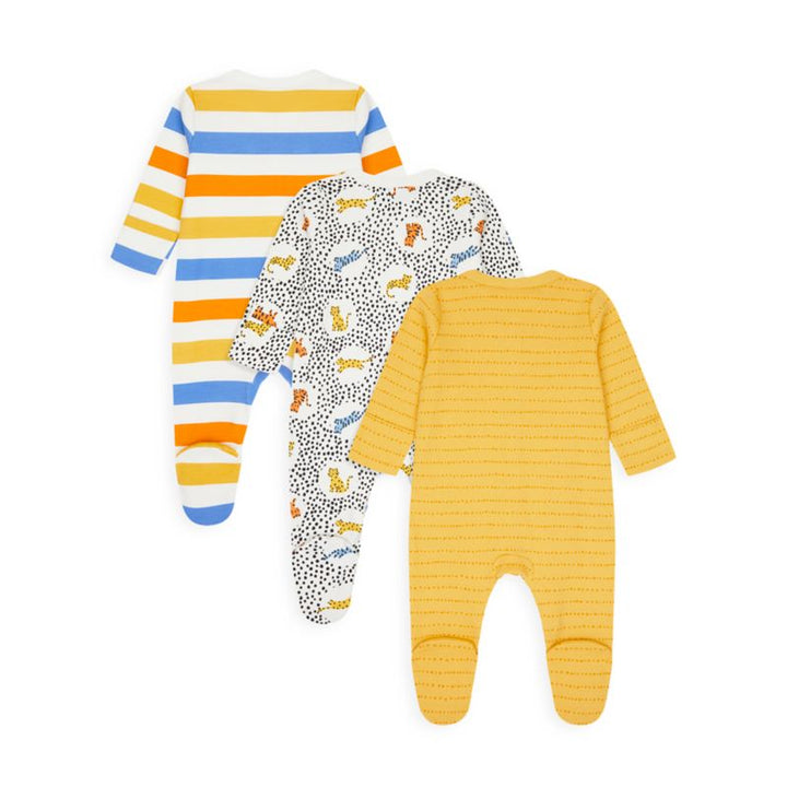 Mothercare Leopard, Stripe and Mustard Sleepsuits - 3 pack