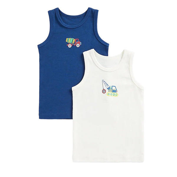 MothercareBoys Pack of 2 White & Navy Blue Truck Pure Cotton Innerwear Sleeveless Vests